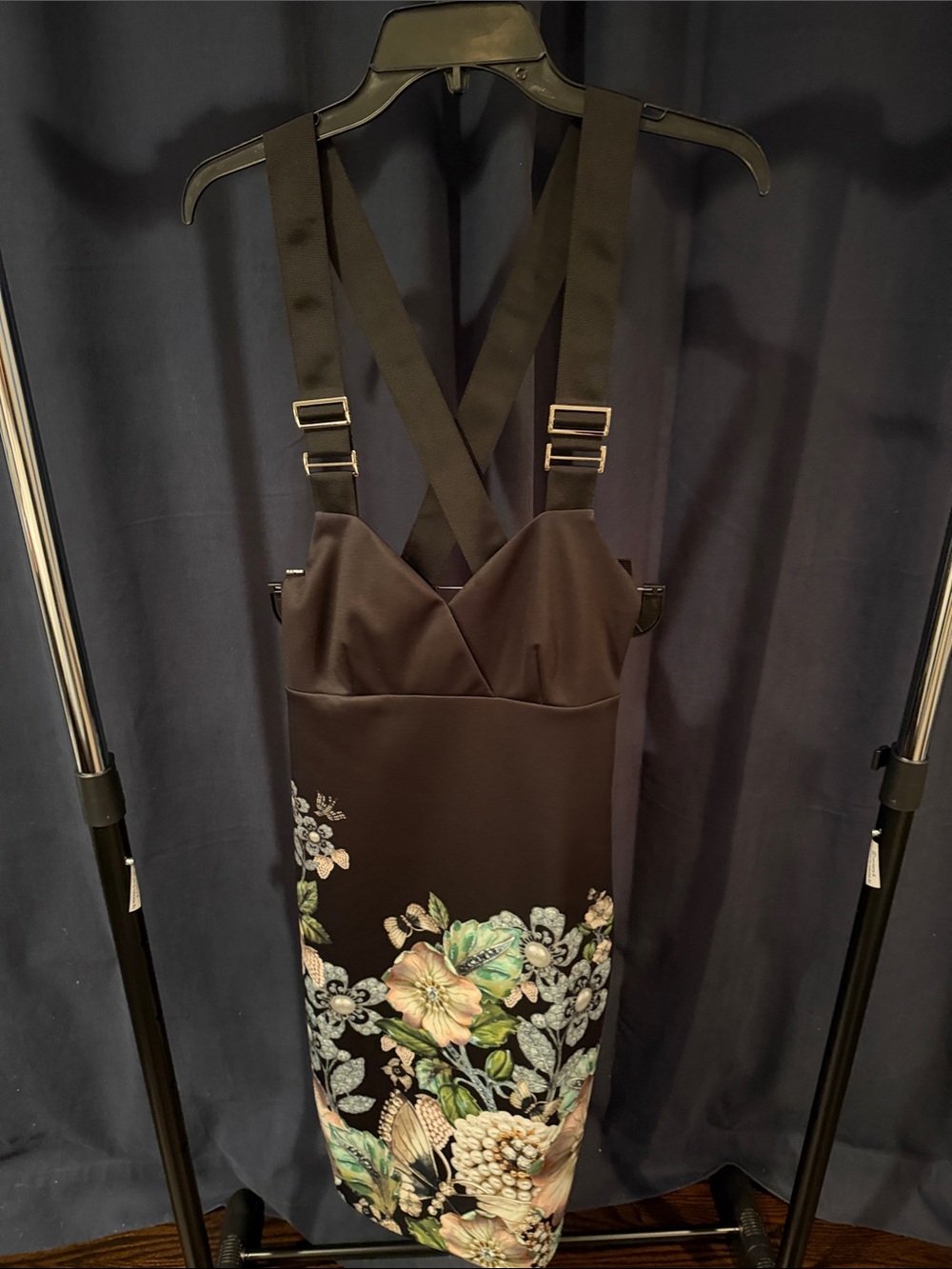 Ted Baker Black Floral Midi Dress with Cross-Back Straps